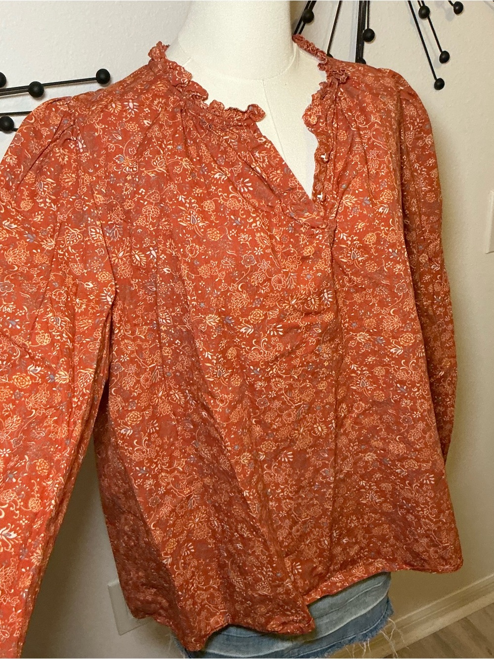 House of Harlow 1960 Rust Floral Boho Blouse Long Sleeve Size XL - Picture 3 of 4